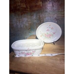 Vintage Liette International Floral Ceramic Soap Dish and Trinket Tray Set USA